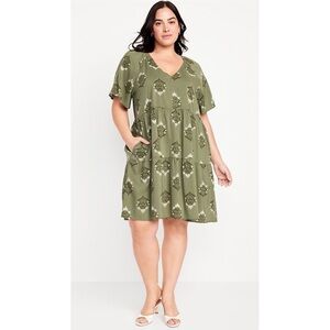 Old Navy V-Neck Mini Swing Dress Olive Green Block Print Tiered Cotton Blend
